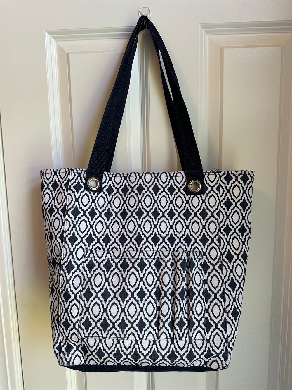 Black and White Geometric Canvas Tote Bag with Strap Handles